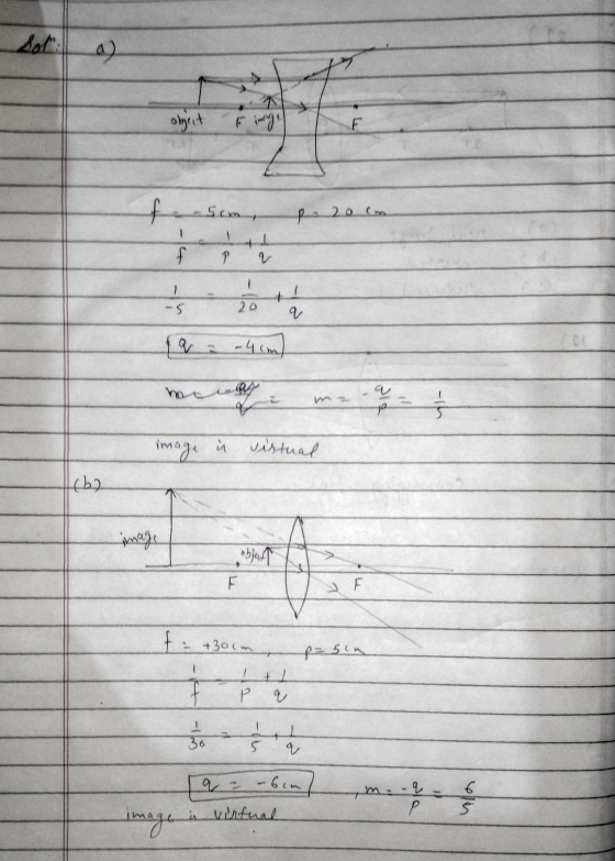 a) object f Scm, pe 20 cm - - f p V - - -5 20 q a = -4 cm) ment 10 image u i virtual feby obs F F ta +30cm fasin P q 1 30 q =