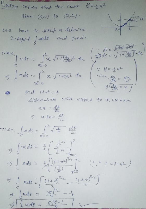 Qsoles criven that the cuore Y = 12 x ² from (0,0) to (2, 2). Y=12 27--22) 27 2 we have to setup a definite and finde Integra