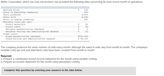 Nelter Corporation, which has only one product, has provided the following data concerning its most recent month of operation