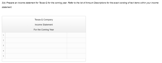 3(b) Prepare an income statement for Texas-Q for the coming year. Refer to the list of Amount Descriptions for the exact word