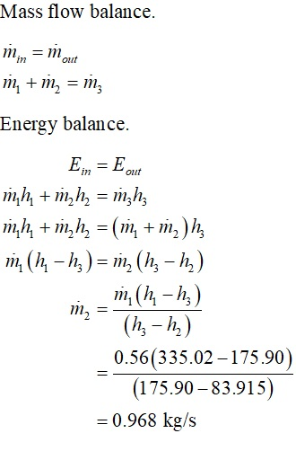 Mass flow balance out Energy balance out 0.56(335.02-175.90) (175.90-83.915) 0.968 kg/s