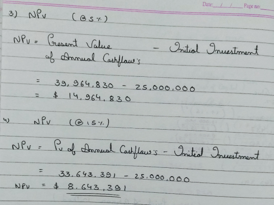 Date: Page no: 3) NPV Cesr) Cresant alue mual Cahllauws Initial mestment 39, 964.830 $ ।५, ७6५, १ 3 ० 2s.000 000 IS.) NPV of