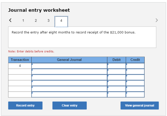 Journal entry worksheet < 1 2 3 Record the entry after eight months to record receipt of the $21,000 bonus. Note: Enter debit
