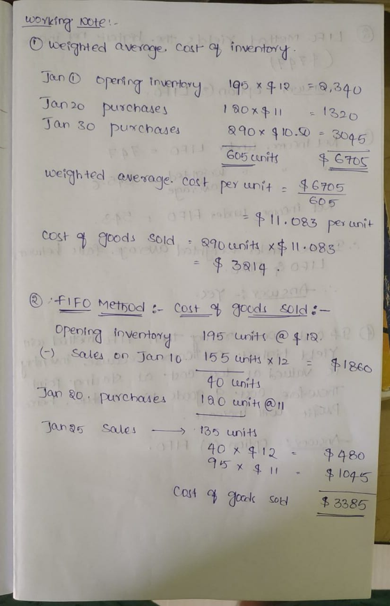 working Note: O weighted average cost of inventory Han AUT 1320 Jan 0 opening inventory 195 x 9122,340 Janzo purchases 120* $