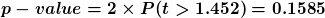 p-value = 2 x P(t > 1.452) = 0.1585