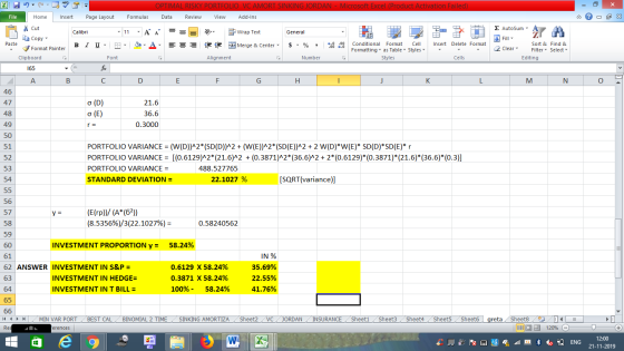 OPTIMAL RISKY PORTFOLIO VC AMORT SINKING JORDAN - Microsoft Excel (Product Activation Failed) Data Review View Add-Ins File H