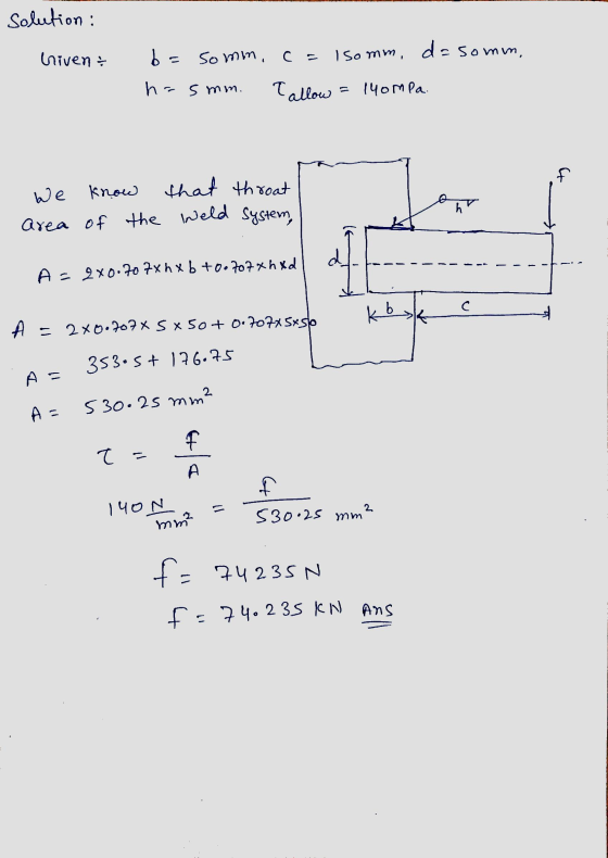 solution: hriven & somm, c = Isomm, da somm, h. s mm. T allow = 14ompa. f We know that throat area of the weld system, hr A =