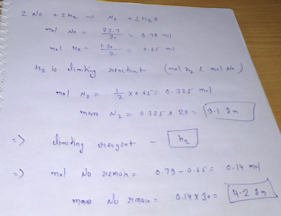 23.7 3. - 0.79 m.) 2 no 202 - 2 + 2H2O ml No - 23:37 -0.79 - mol Me - 139 = 0.0 m) He is dimiting deactiont moln 2 mol No ) m