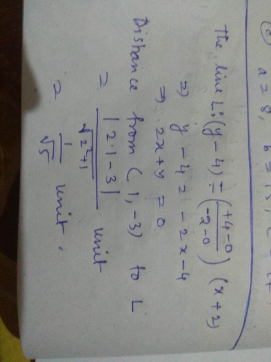 a ? , b? The line Li (y – 4) = (2-0) (x+2) » y - 42 - 2-4 > 2x+y Po Dishance from (1-3) to L I unit 2 7 unit 12