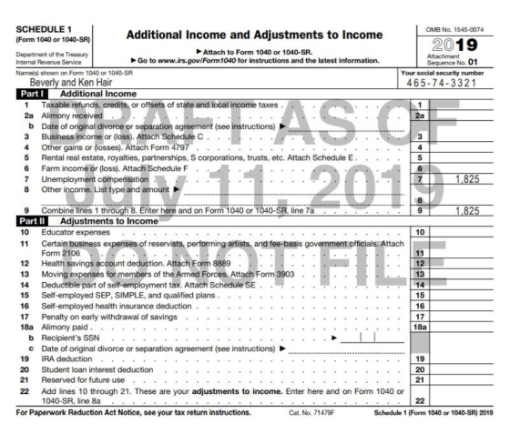 11 201 SCHEDULE 1 OMB No. 1545-0074 (Form 1040 or 1040-SR) Additional Income and Adjustments to Income 2019 Department of the