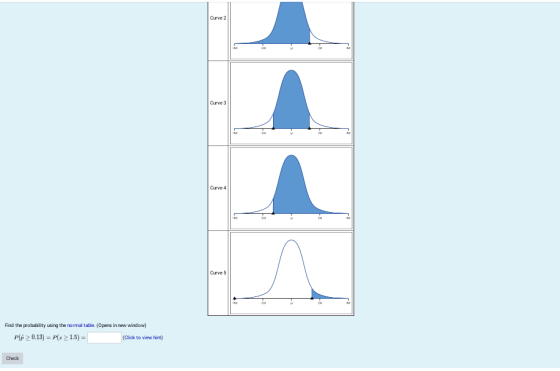 Curve 2 . -10 - Curve 3 - Curve 4 Curve 5 20 Find the probability using the normal table. (Opens in new window) P(P >0.13) =
