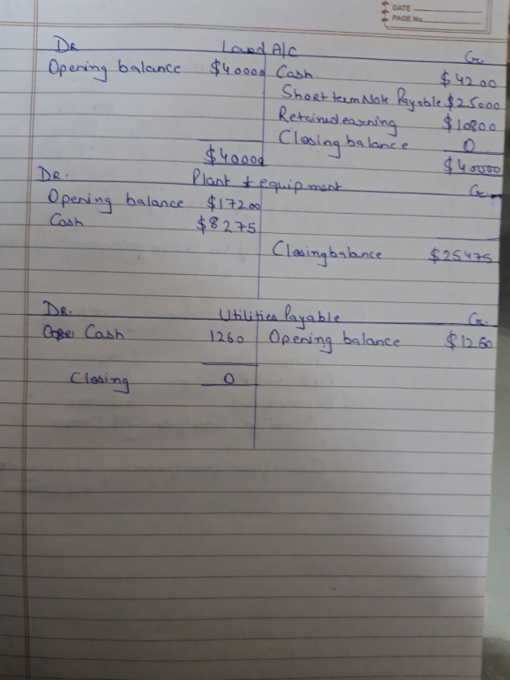 DATE PAGE Na 1200 Opeang 009 lant tequips 车8235 $25135 uilihies layable 1260一一 ng balan ese Cash