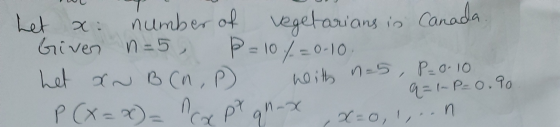 2 0-10 het number of vegetarians in Canada Given n = 5, P-10 7. = het xn B (n ,P P (X= x) = Mcx pt 91-x heith n=5, P=0.10 q=1