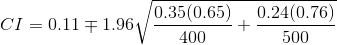 CI=0.11\mp 1.96\sqrt{\frac{0.35(0.65)}{400}+\frac{0.24(0.76)}{500}}