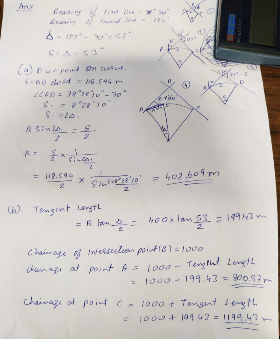 Ans BIS?EC SCIENTIFICO A PO Bearing of First line = foto Bearing of second line = 123- 8= 123° 70°=53° SED=53° (a) D is a poi