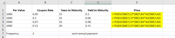 1 Par Value 2 1000 3 1000 4 5000 5 1000 Coupon Rate 0.05 0.1 0.07 0.11 Years to Maturity 15 25 10 Yield to Maturity 0.1 0.06
