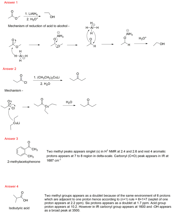 Answer 1 i po 1. LiAlH, 2. H30* OH Ho Mechenism of reduction of acid to alcohol - H-AL-H AIH3 AIH3 H2O+ OH Н. H-AI-H T-I Answ