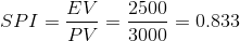 SPI =\frac{EV}{PV} =\frac{2500}{3000} = 0.833