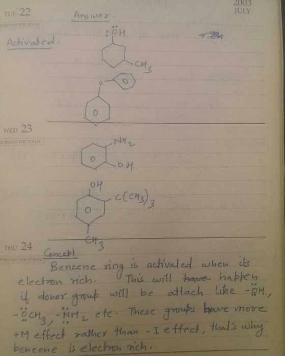 TUF 22 2003 JULY Ang we r :OH Achivated WED 23 THU 24 Conecp PORTANT RSI TODAY Benzene ring is achvated wheun electron rich .