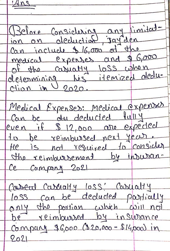 Ans Before Consiclering any limitata ion on deduction, say den can include $ 16,000 of the medical expenses and $ 6,000 of th