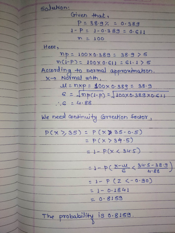 SoJukion: Criven that, Hexe X-2 Normal wo th le peeol Continut orreshon festor 2 : 」_ P Cz <-o.go) ー 」-0.184」 = 0, 815g The p