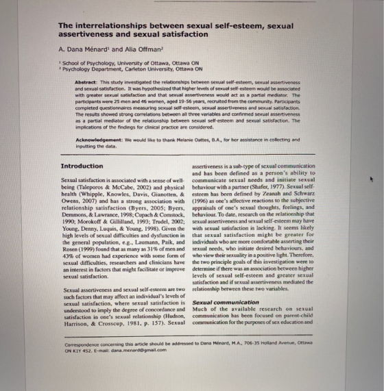 The interrelationships between sexual self-esteem, sexual assertiveness and sexual satisfaction A. Dana Ménard and Alia Offm