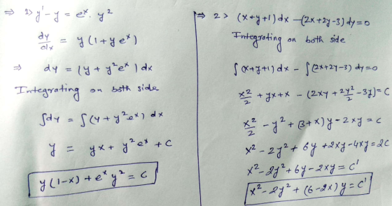 > > g-y=et. u2 = y(i+yet) > 2> (x+y+i) dx (2X+27 -3) dy=0 Integroting o dy on both side 5x+7+) dx - 52x+2y-3) dy zo both sid