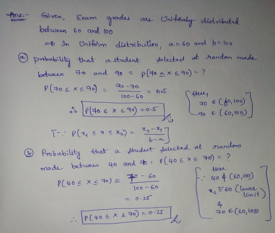 Given, Erom radesas Uila oetuween 6o and too a- 60 an ostudantメelected at Mandon made Loo-Go Probability that a ttudiat alec