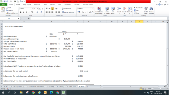 XI - 31.07.2020 (2) - 1 Ques - Microsoft Excel (Product Activation Failed) File Home Insert Page Layout Formulas Data Review