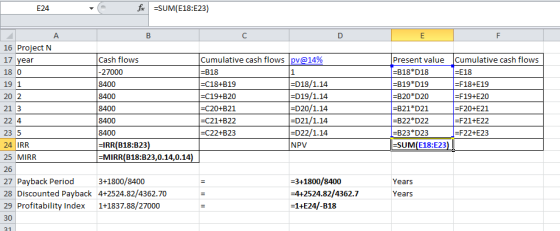 E24 for =SUM(E18:E23) C D . 16 Project N 17 year Cash flows 18 0 -27000 19 1 8400 20 2 8400 21 3 8400 224 8400 23 5 8400 24 I
