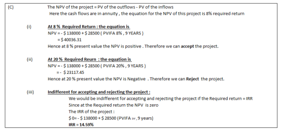 The NPV of the project PV of the outflows - PV of the inflows Here the cash flows are in annuity, the equation for the NPV of