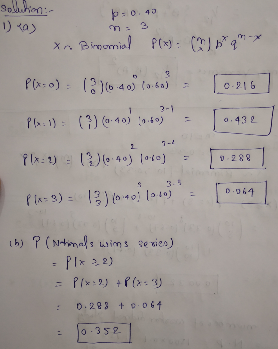 solution: p=0.40 m = 3 . 3-1 1) ka) xn Binomial P(x) = (h) 27 qm-x P(x=o) - (3)6 4060609 - 10.216 PH-1) = (3) (0.40) 10.60) =