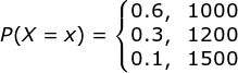 0.6, 1000 P(X = x) = {0.3, 1200 0.1, 1500