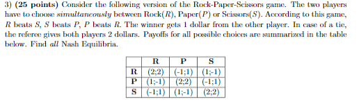 3) (25 points) Consider the following version of the Rock-Paper-Scissors game. The two players have to choose simultaneously