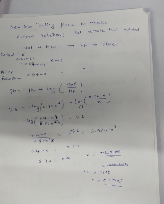 Reaction Buffer takey place to rmake solchon; let nmole Hed added HA + Nacel Nat trw a Initial x mol -0.04 more After Reactia