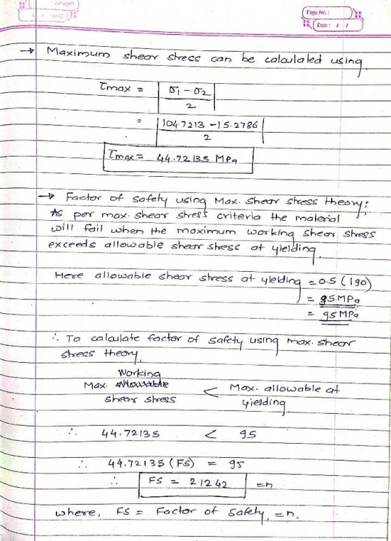 Page Nc.: Cate: 1 - Maximum shear stress can be calculaled using Imax z oi-02 2 1047213 -15.2786 2 | max =_44.72.35 MPa ► Fac