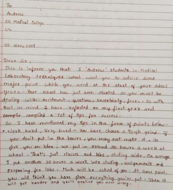 To Andrero SK Medical Callege Us 29 Novj 2019. Dear si This is inlorm yau that Lakaratory techniques Lehat want major paint u