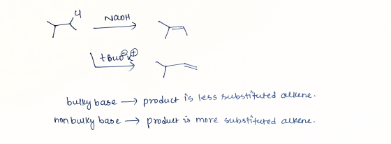 NowH Y Noot, a product is less substituted olkene. bulky base non bullly base product is more substituted alkene.
