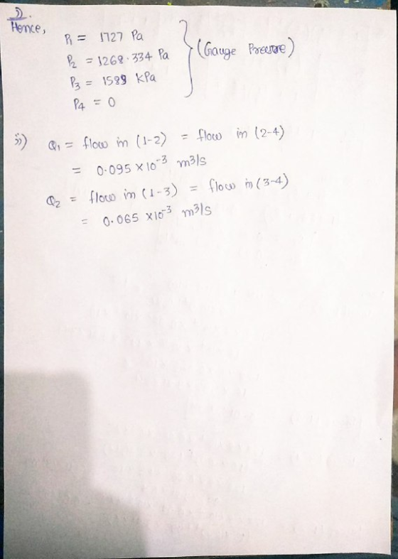 Hence, 2 y (Gauge procesore) P = 1727 Pa P2 = 1268.334 Pa P₂ = 1588 kPa Pa = 0 = flow in (2-4) Q = flow in (1-2) 0.095 X1003