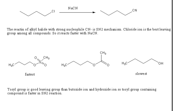 NaCN CN CI The reactin of alkyl hali de with strong nucleophile CN- is SN2 mechanism. Chloride ion is the best leaving group