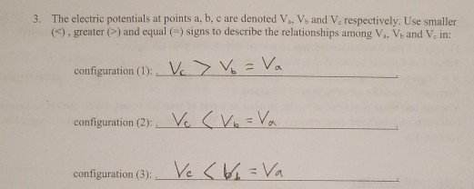 3. The electric potentials at points a, b, c are denoted Va, Vs and V respectively. Use smaller (s), greater and equal () signs to describe the relationships among Va. V, and V. in: configuration (1),-Vi configuration (2) configuration (3):