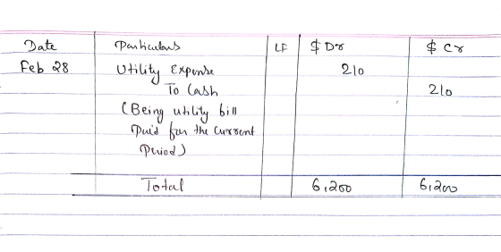 LF фск Date Feb 28 $8 210 2lo Particulars Utility Expunde To lash (Being utility bill Pued for the current Period) Total 6,20