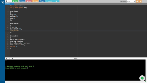 Run Debug Stop Share H Save { } Beautily Language C++ main.cpp 1 #include<iostream> 2 using namespace std; 3 4 enum temp 5. {