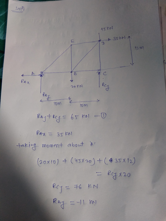 son 45kN 35KNA 12m 4 с RAN 20KN I Rey 20 KN lom lom Rayt Rey = 65 kN -O RAX = 35KN taking moment about À (20x10) + (45X20) +