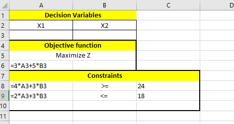 Decision Variables X1 X2 Objective function Maximize Z 4 Constraints 24 18 10