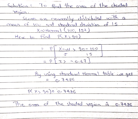 كلكسكلات Solution: To find the area of the studed region. gormally distributed with mean of 100 and standard deviation of is