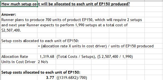 How much setup cost will be allocated to each unit of EP150 produced Answer: Runner plans to produce 700 units of product EP1