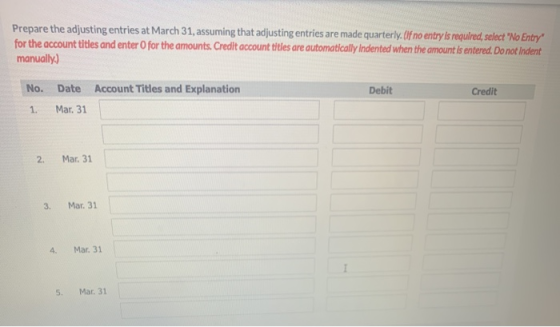 Prepare the adjusting entries at March 31, assuming that adjusting entries are made quarterly. (If no entry is required, sele