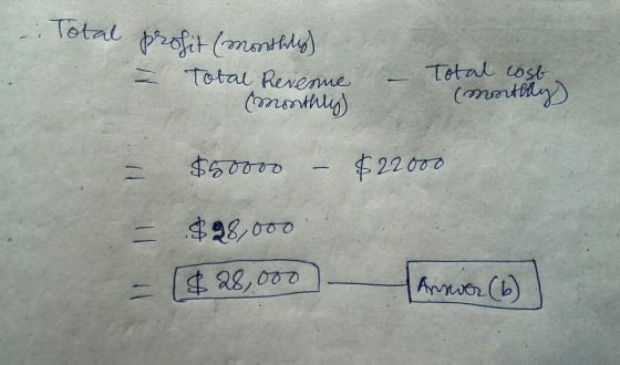 - Total profit (monthly) - Total Revenue (Monthly) Total cost (mmatty) $50000 – $22000 $98,000 - 1$ 28,000) Answer (6)