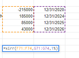 2150001 1850001 85000 43000; 12/31/2020 12/31/2024 12/31/2025 12/31/2026 =xirr(F71:F74,G71:674,1%)